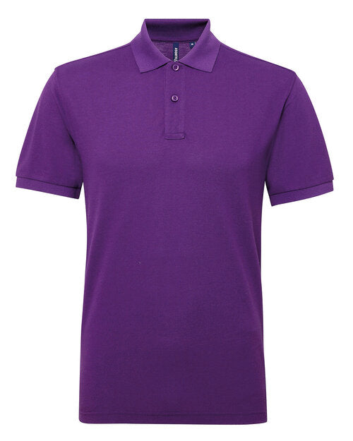 Men's polycotton blend polo AQ015 by Asquith and Fox in a deep purple, laid flat.