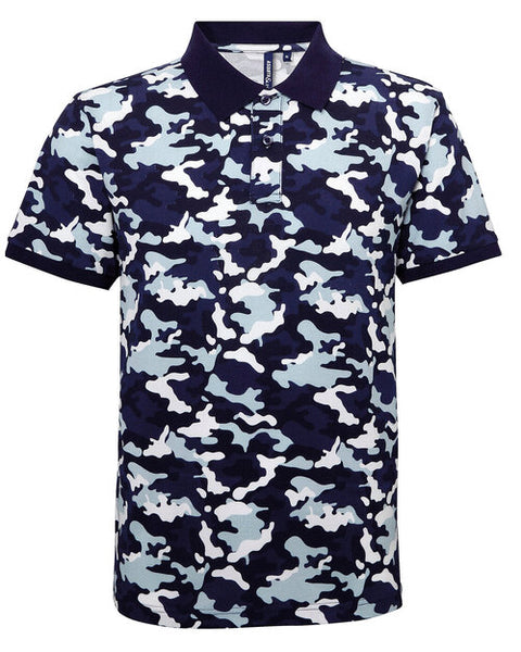 Asquith and Fox camo pique polo AQ018 in a brown camouflage pattern, shown in a flat lay.