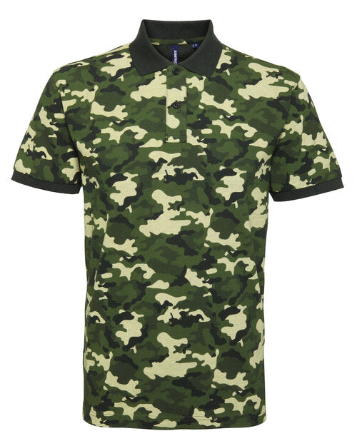 A green camouflage Asquith and Fox camo pique polo AQ018, laid flat to display the full pattern.