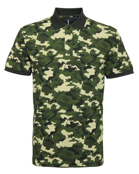 A green camouflage Asquith and Fox camo pique polo AQ018, laid flat to display the full pattern.