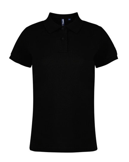 Flat lay of a black Asquith and Fox ladies' classic fit cotton polo shirt, model AQ020.