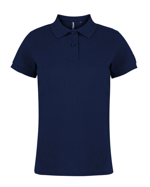 A classic navy blue Asquith and Fox ladies' classic fit cotton polo shirt AQ020, seen in a flat lay.