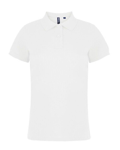 A crisp white Asquith and Fox ladies' classic fit cotton polo shirt AQ020, in a studio flat lay.