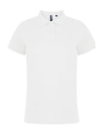 A crisp white Asquith and Fox ladies' classic fit cotton polo shirt AQ020, in a studio flat lay.