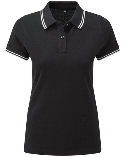 Black Asquith and Fox ladies' tipped polo shirt AQ021 with white tipping, viewed from the front.