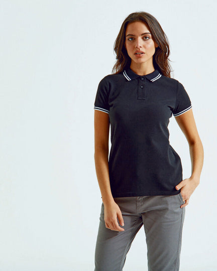 A collection of Asquith and Fox ladies' classic fit tipped polo shirts AQ021 in various colors.