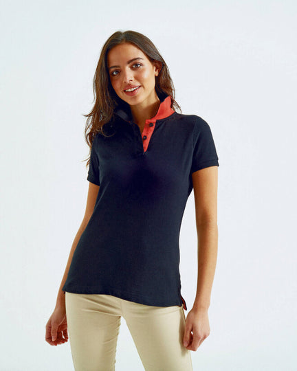 An assortment of Asquith and Fox ladies' contrast polos AQ022, displaying different color combinations.