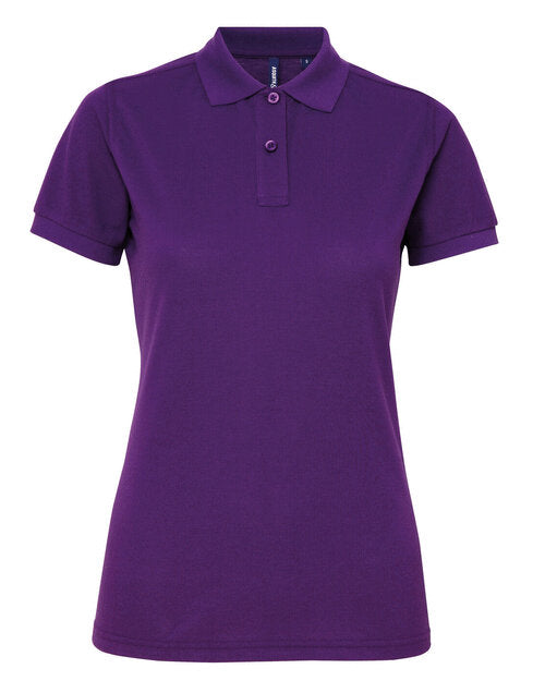 Ladies' polycotton blend polo AQ025 by Asquith and Fox in a deep purple, laid flat.