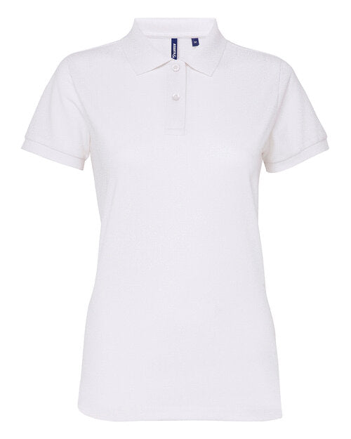 A crisp white Asquith and Fox ladies' polycotton blend polo AQ025, shown in a clean flat lay.