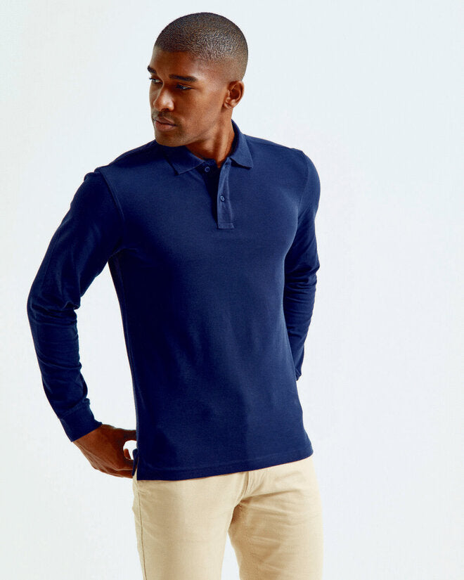 A selection of Asquith and Fox men's classic fit long-sleeve polos AQ030, folded.