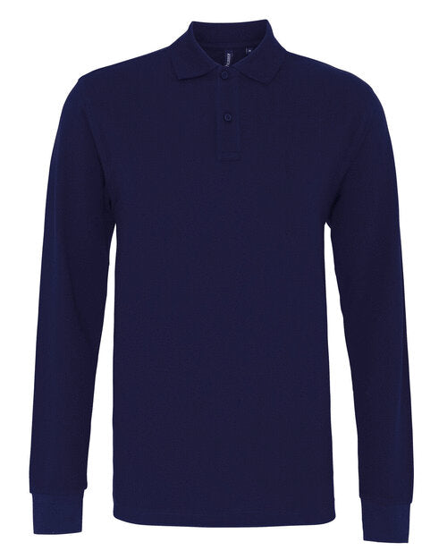 A navy blue Asquith and Fox men's classic fit long-sleeve polo AQ030, laid flat.