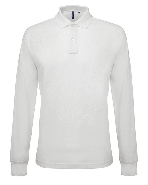 Crisp white Asquith and Fox men's classic fit long-sleeve polo AQ030, shown top-down.
