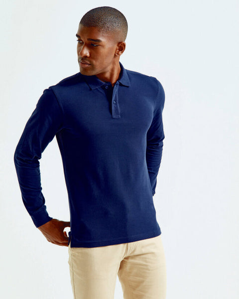 A selection of Asquith and Fox men's classic fit long-sleeve polos AQ030, folded.