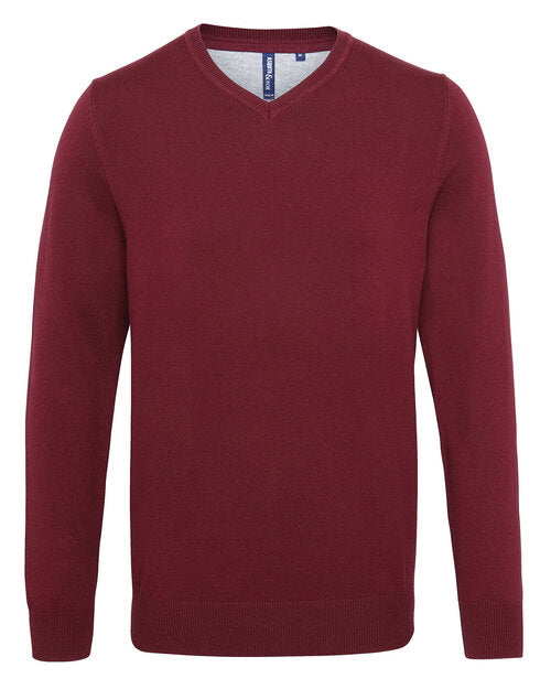 A rich burgundy Asquith and Fox men's cotton blend v-neck sweater AQ042, laid flat.