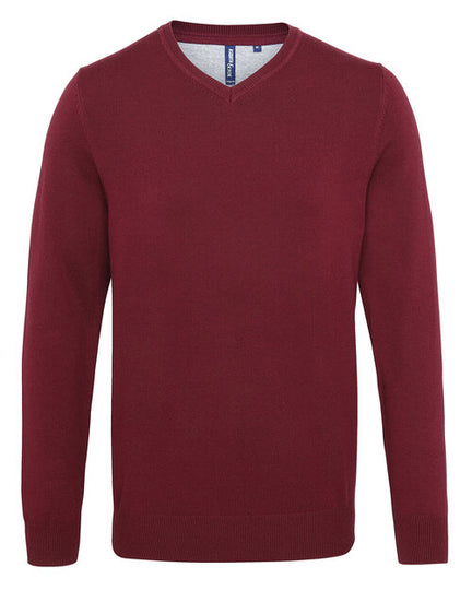 A rich burgundy Asquith and Fox men's cotton blend v-neck sweater AQ042, laid flat.