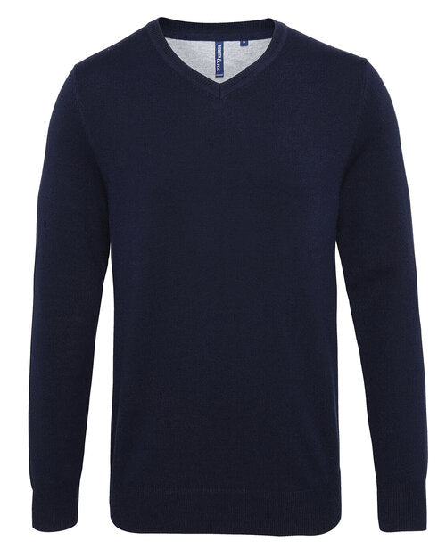 A french navy Asquith and Fox men's cotton blend v-neck sweater AQ042, laid flat.