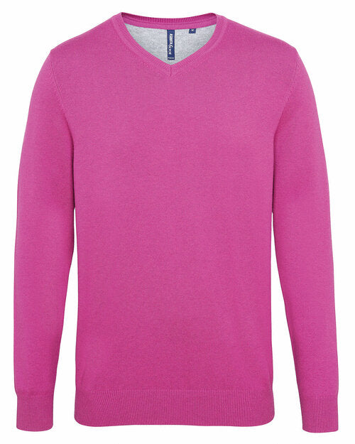 An ochre Asquith and Fox men's cotton blend v-neck sweater AQ042, laid flat to show its warm color.