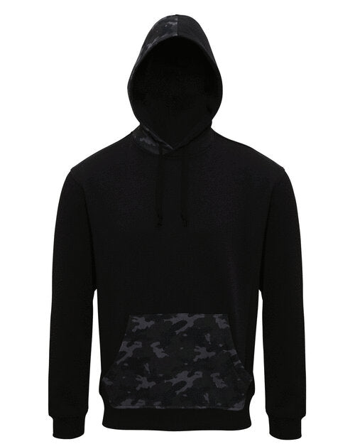 Black Asquith and Fox men's hoodie AQ047 with grey camo trim on the hood, laid flat.