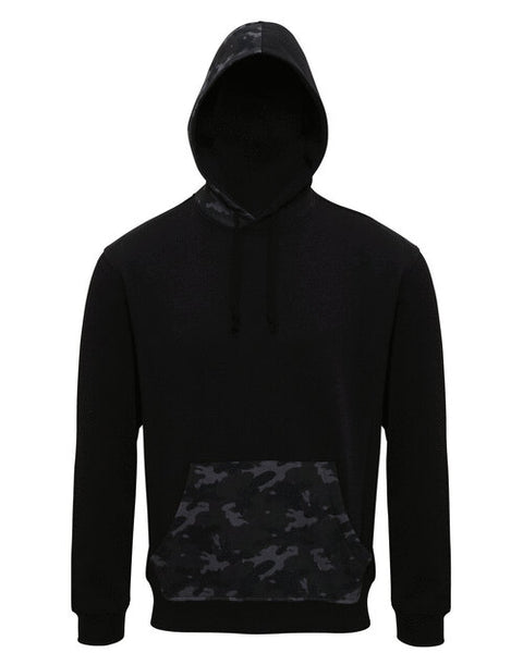 Black Asquith and Fox men's hoodie AQ047 with grey camo trim on the hood, laid flat.