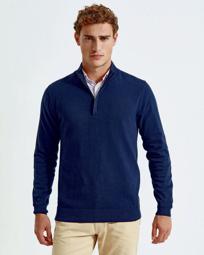Model wearing the Asquith and Fox men's cotton blend 1/4 zip sweater AQ048 for a style view.