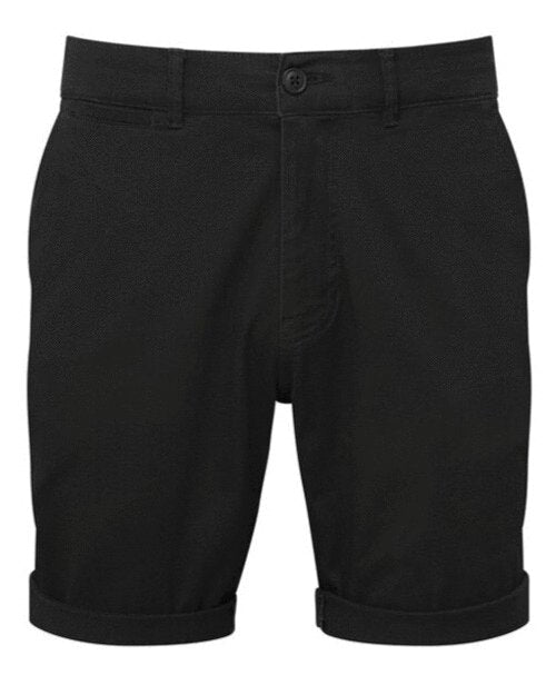 Men's lightweight chino shorts AQ058 by Asquith and Fox in solid black. A flat lay view from the front.