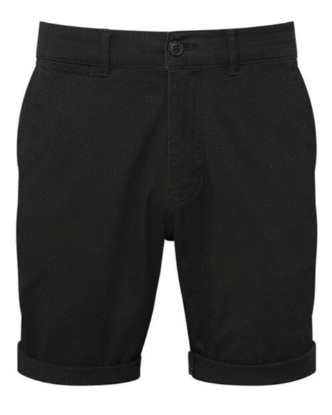 Men's lightweight chino shorts AQ058 by Asquith and Fox in solid black. A flat lay view from the front.