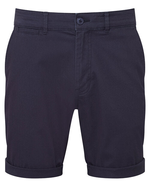 A top-down shot of the navy blue Asquith and Fox men's lightweight chino shorts AQ058, showing pocket details.