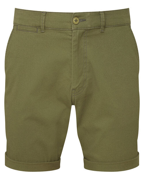 Flat lay of the Asquith and Fox men's lightweight chino shorts AQ058 in a modern olive green color.