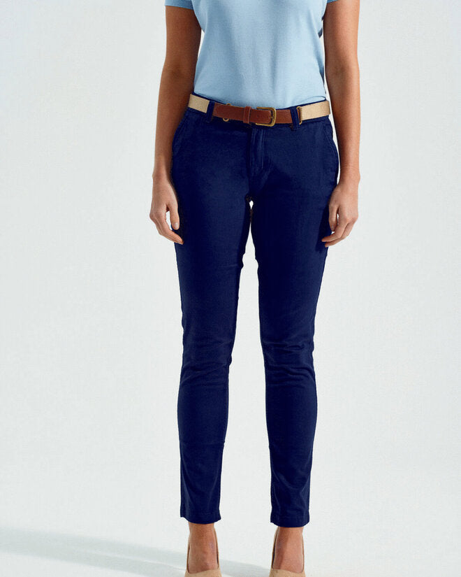 A collection of Asquith and Fox ladies' classic fit chinos AQ060, folded to display the range of colors.