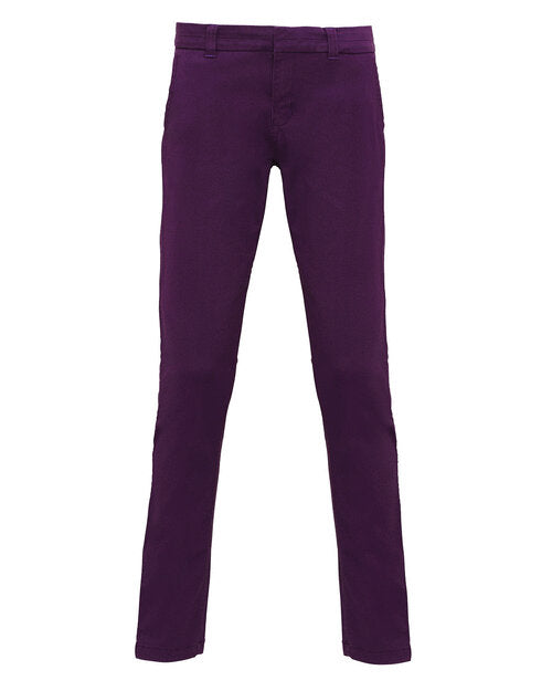 Ladies' classic fit chinos AQ060 from Asquith and Fox in a vibrant purple, viewed from the front in a flat lay.