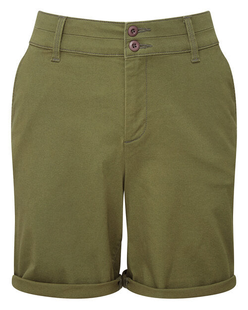 Women's lightweight chino shorts AQ068 from Asquith and Fox in an earthy olive green, laid flat.
