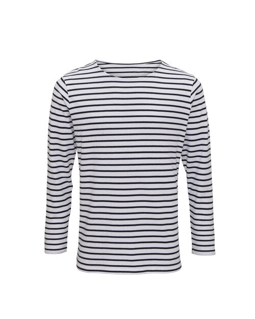 Flat lay of the white and navy striped Asquith and Fox men's mariniere long-sleeve t-shirt AQ070.
