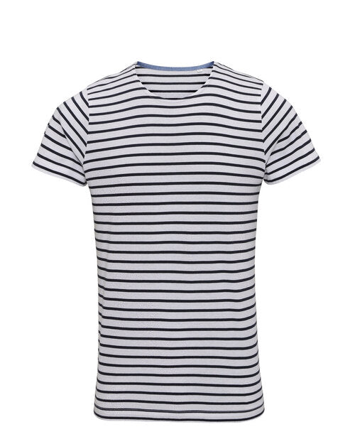 Top-down view of the Asquith and Fox men's white and navy mariniere short-sleeve tee AQ072, laid flat.