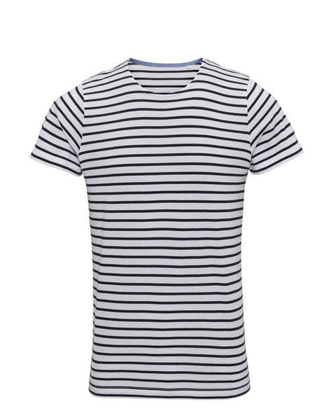 Flat lay of the white and navy striped Asquith and Fox men's mariniere short-sleeve tee AQ072.