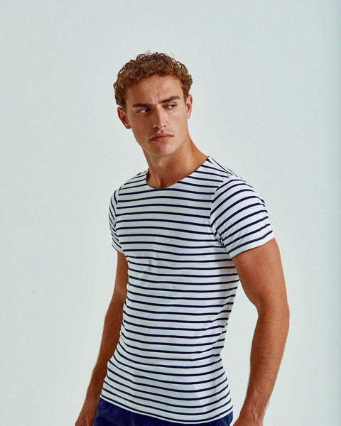 Asquith and Fox men's mariniere coastal short-sleeve tee AQ072, folded to display the striped design.