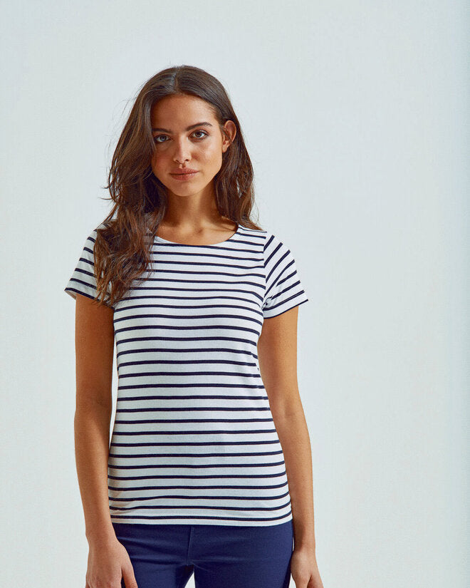 Folded presentation of the Asquith and Fox ladies' mariniere coastal short-sleeve tee, model AQ073.
