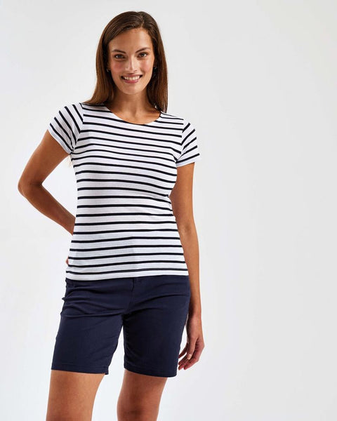 Model view of the Asquith and Fox ladies' mariniere coastal short-sleeve tee AQ073, with its classic stripes.