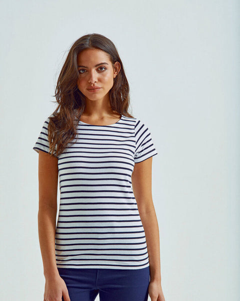 Folded presentation of the Asquith and Fox ladies' mariniere coastal short-sleeve tee, model AQ073.