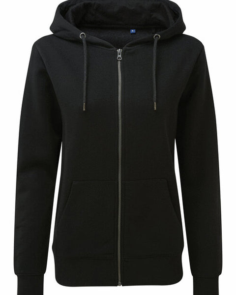 Asquith and Fox ladies' zip-through organic hoodie AQ081 in black, shown in a detailed flat lay.