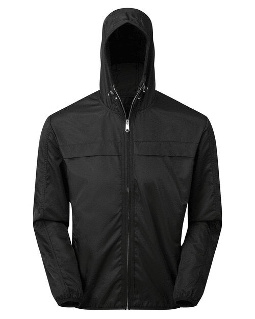 Front flat lay of the Asquith and Fox men's lightweight shell jacket AQ201 in black, showing the full zip.