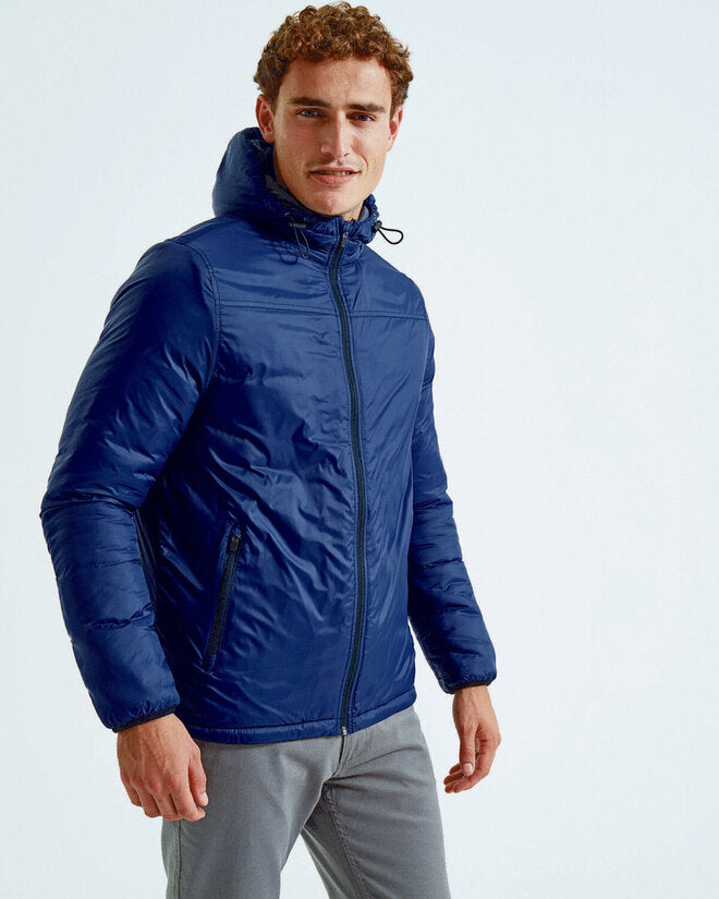 Model wearing the Asquith and Fox men's padded wind jacket AQ203 for a view of its fit and style.
