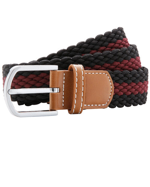Flat lay of the black and burgundy striped Asquith and Fox braid stretch belt, model AQ901.