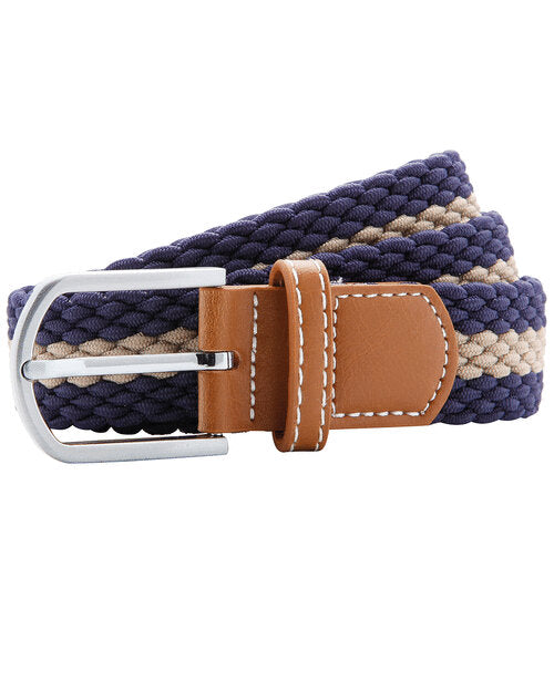 Asquith and Fox two-color braid belt AQ901 in a navy and khaki stripe, laid flat.