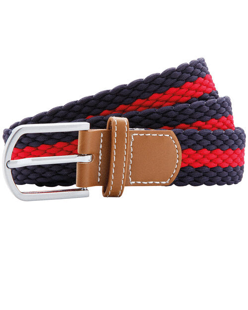 A navy and red striped Asquith and Fox braid stretch belt AQ901, shown in a coiled flat lay.