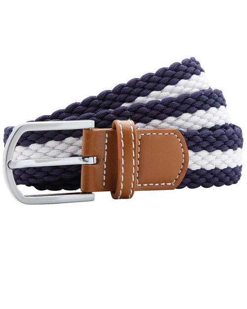 Flat lay of the navy and white striped Asquith and Fox two-color braid stretch belt, model AQ901.