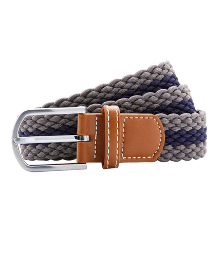 A coiled Asquith and Fox two-color stripe braid stretch belt AQ901, showing the pattern and buckle.