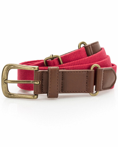 Flat lay of the charcoal Red and brown Asquith and Fox faux leather and canvas belt, model AQ902.
