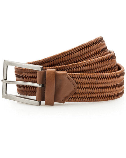 Rich tan Asquith and Fox leather braid belt AQ903, laid flat to display its woven detail.