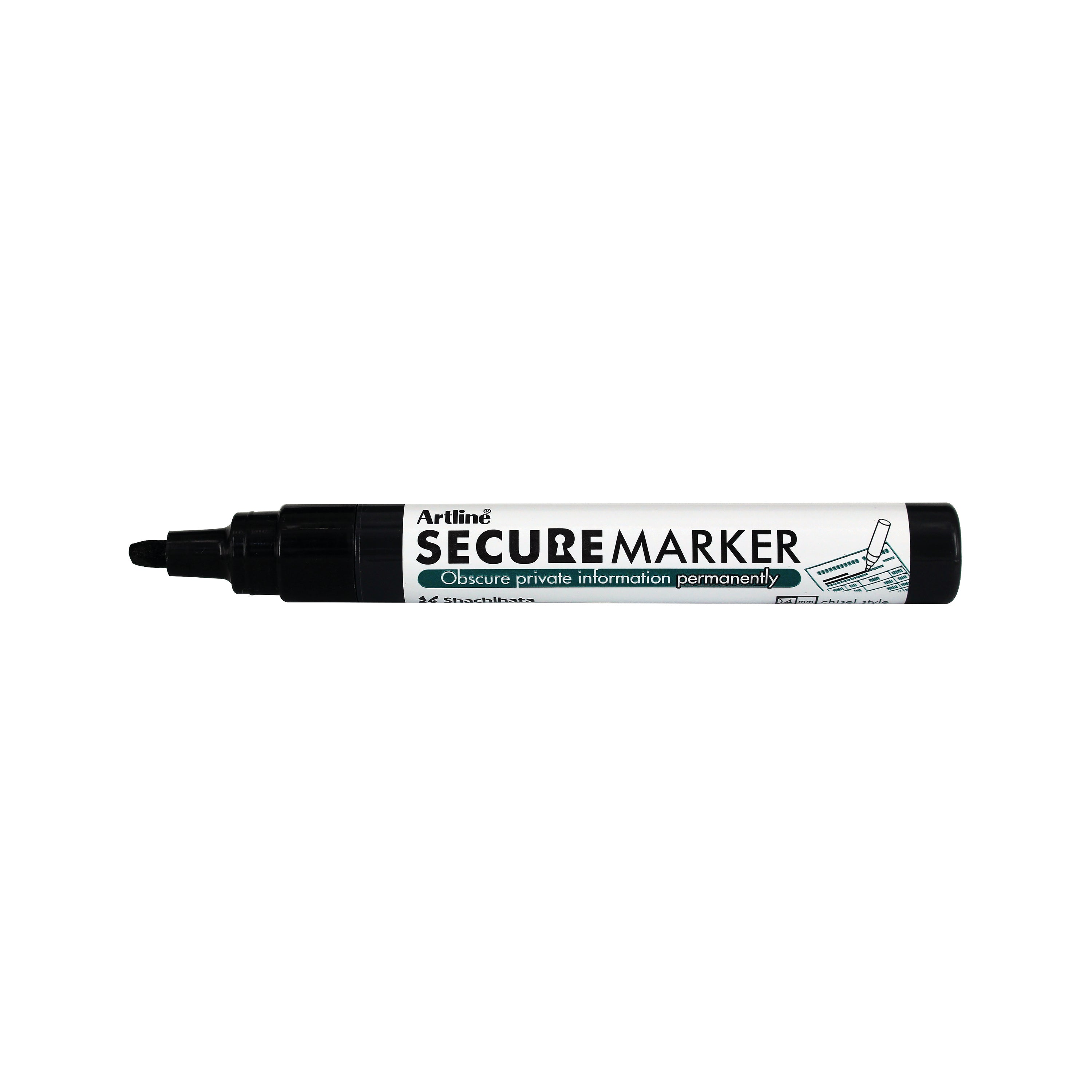 A black Artline Secure Marker designed to permanently redact private information.