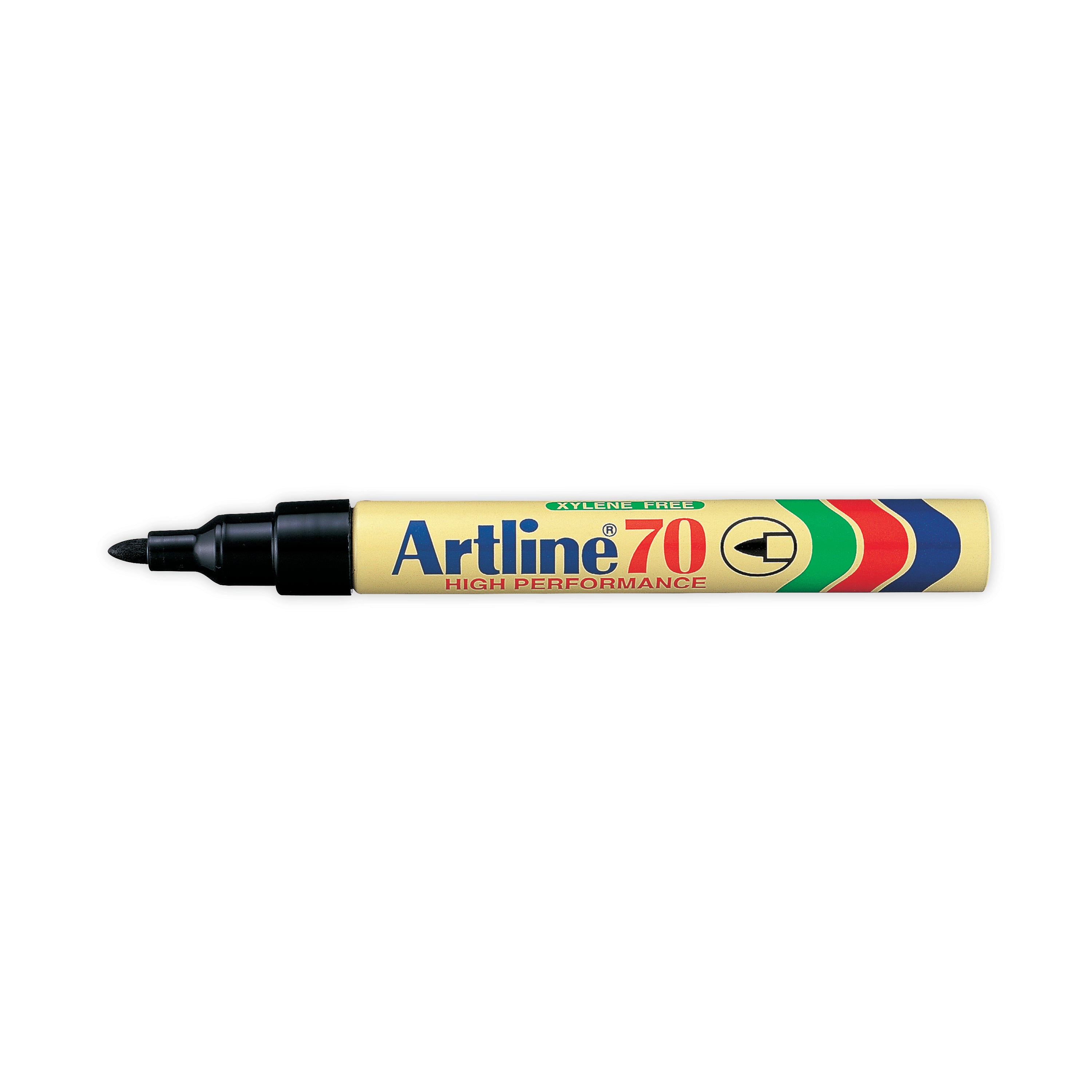 A black Artline 70 permanent marker with its cap off, showing the bullet tip nib.